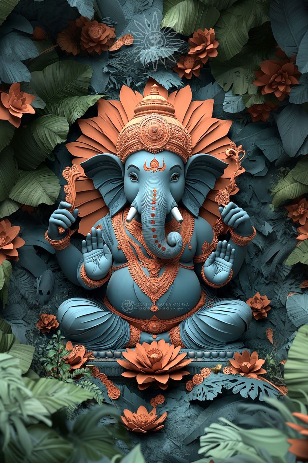 Blue Ganesha surrounded by lotus flowers