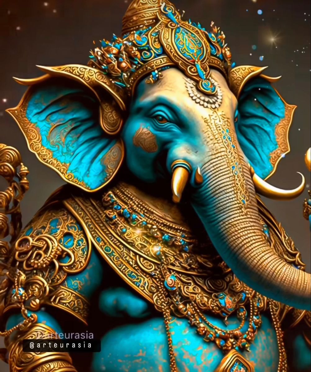 Lord Ganesha in vibrant turquoise and gold.