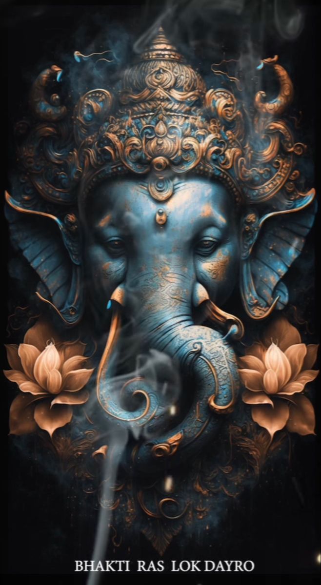 Blue-skinned Ganesha with lotus flowers
