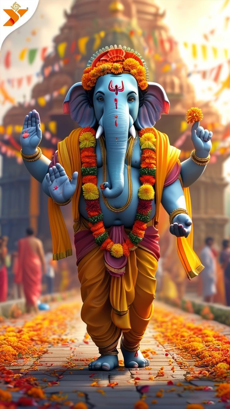 Blue-skinned Ganesha blessing devotees.