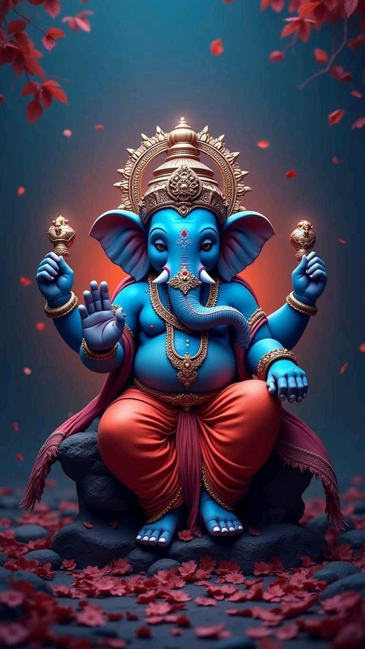 Blue Ganesha with floral blessings