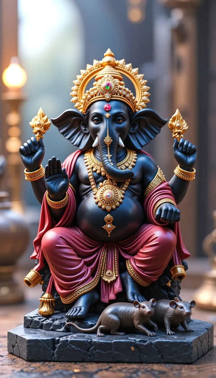 Lord Ganesha seated with mouse companion