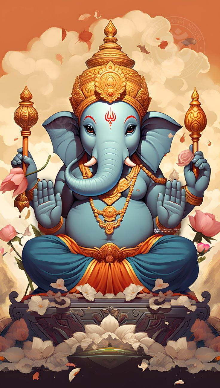 Blue-skinned Ganesha with lotus flowers