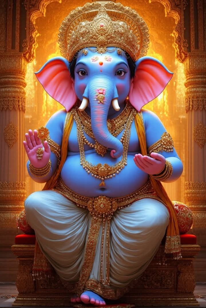 Blue-skinned Lord Ganesha on golden throne