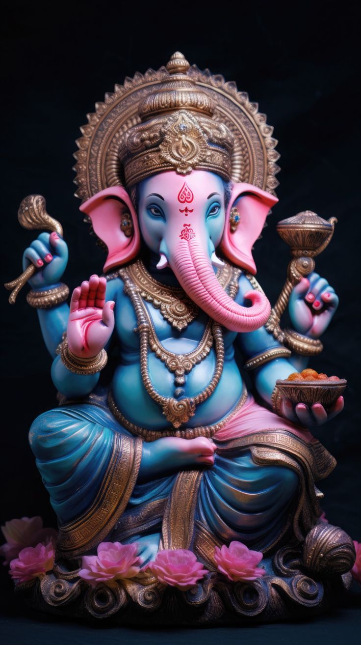 Blue-skinned Ganesha with modak and lotus