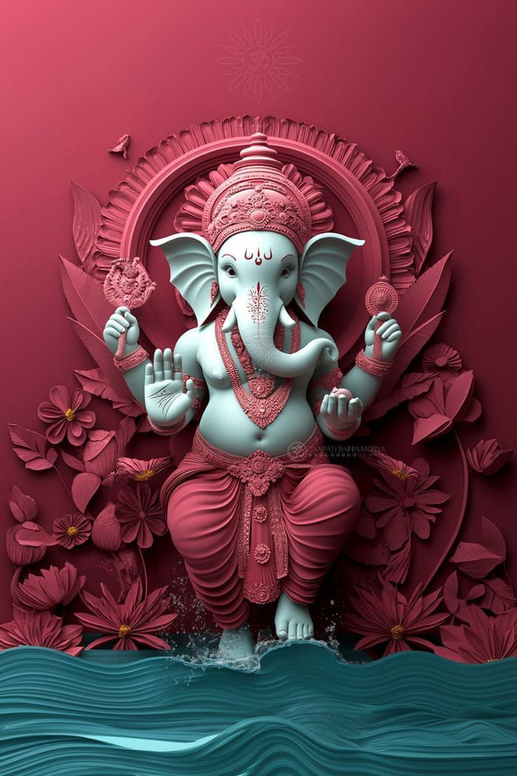 Azure Ganesha surrounded by pink flowers
