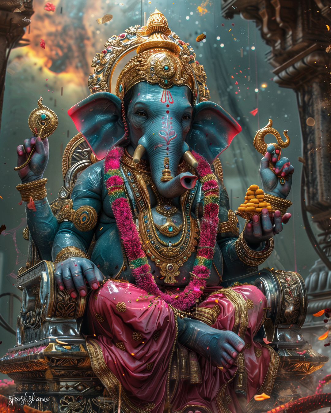 Blue-skinned Ganesha bestows blessings.