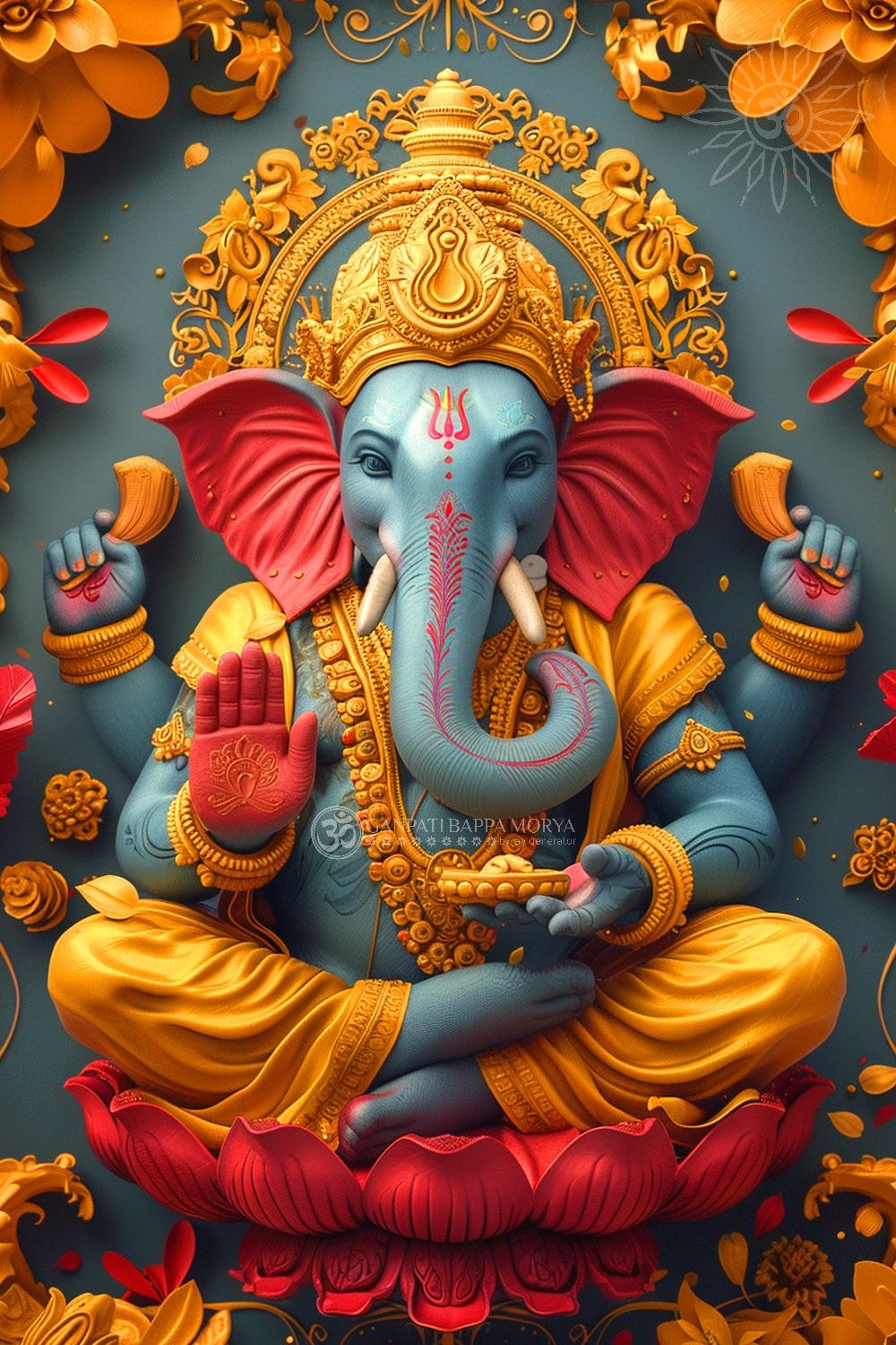 Blue-skinned Ganesha seated on lotus