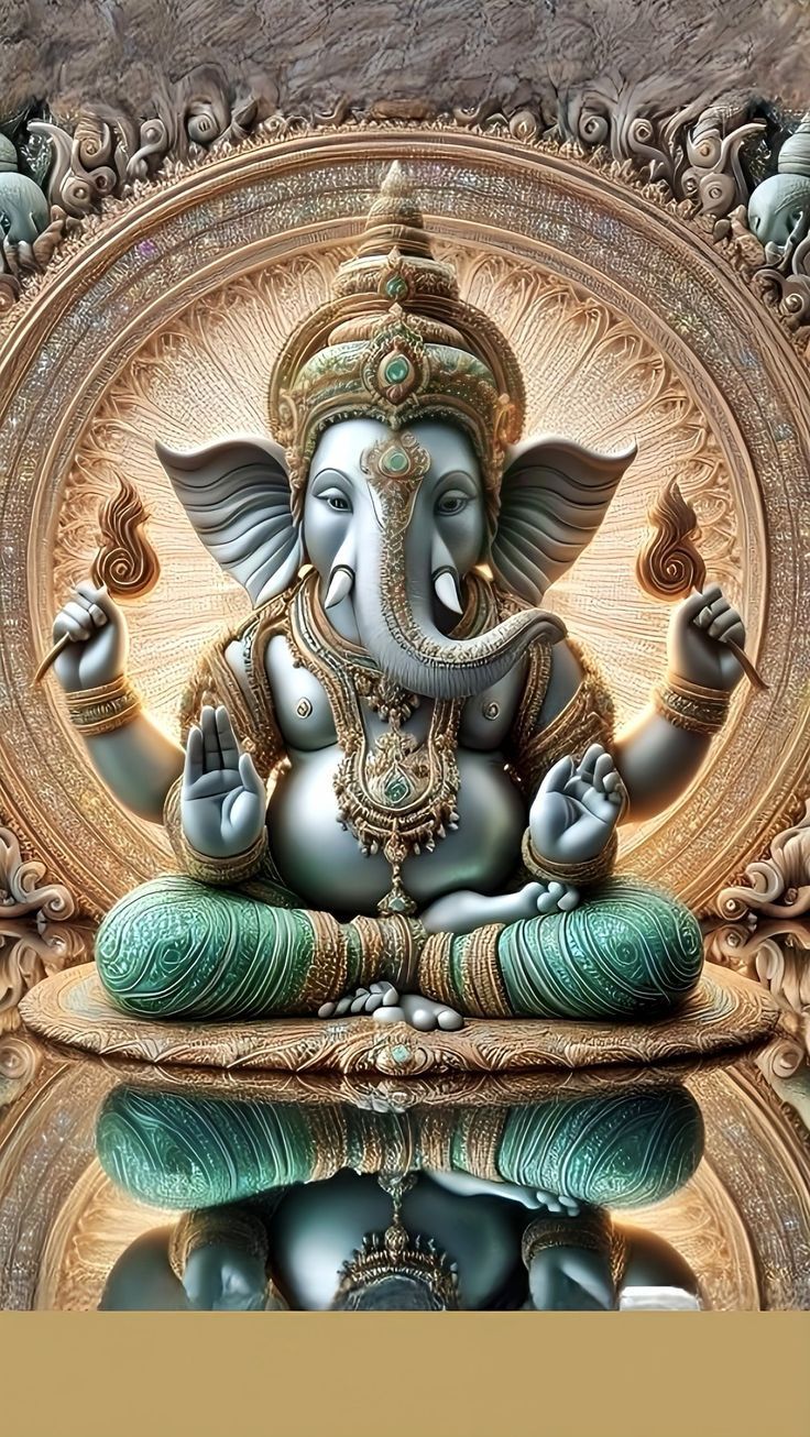 Blue Ganesha seated on lotus throne.
