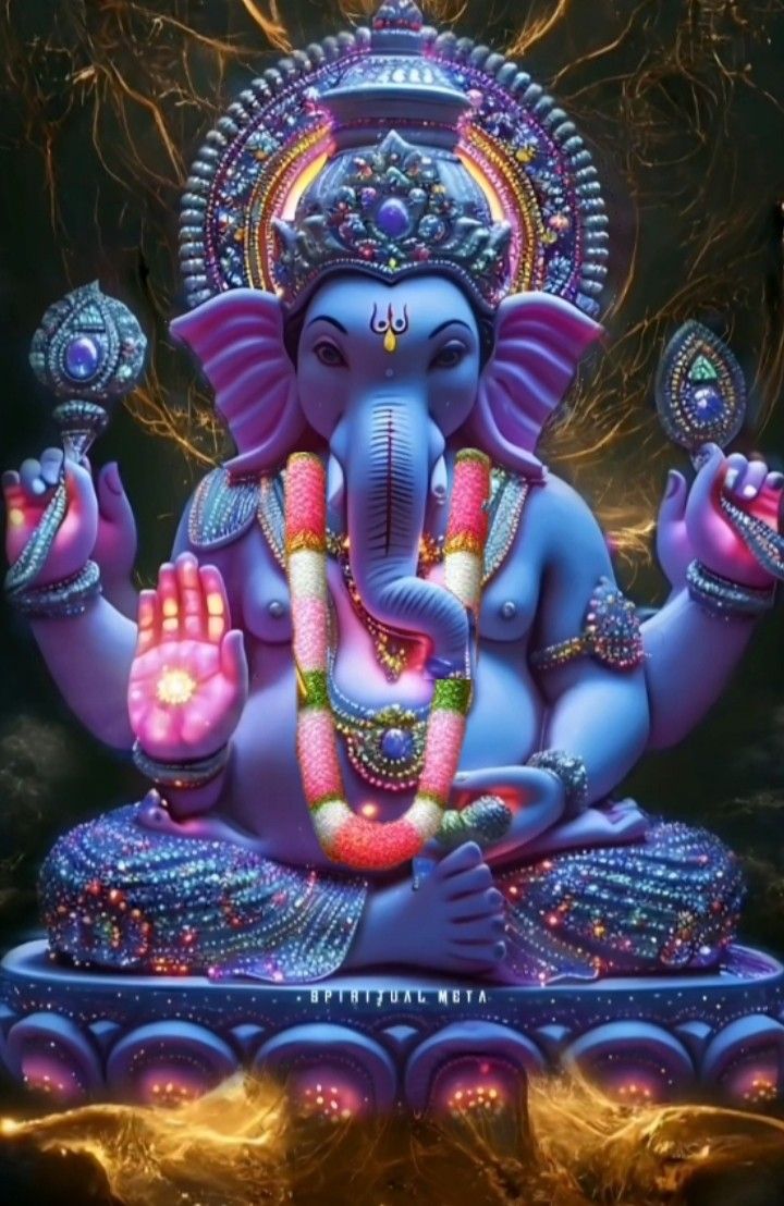 Blue Ganesha with lotus and jewels