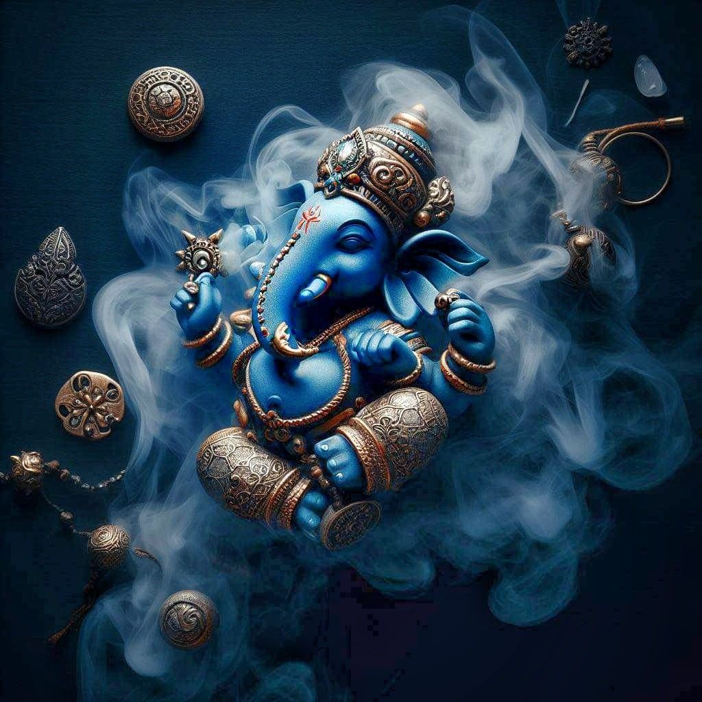 Blue Ganesha amidst swirling smoke