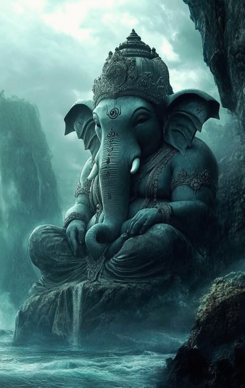 Ganesha seated amidst mountains and waterfall