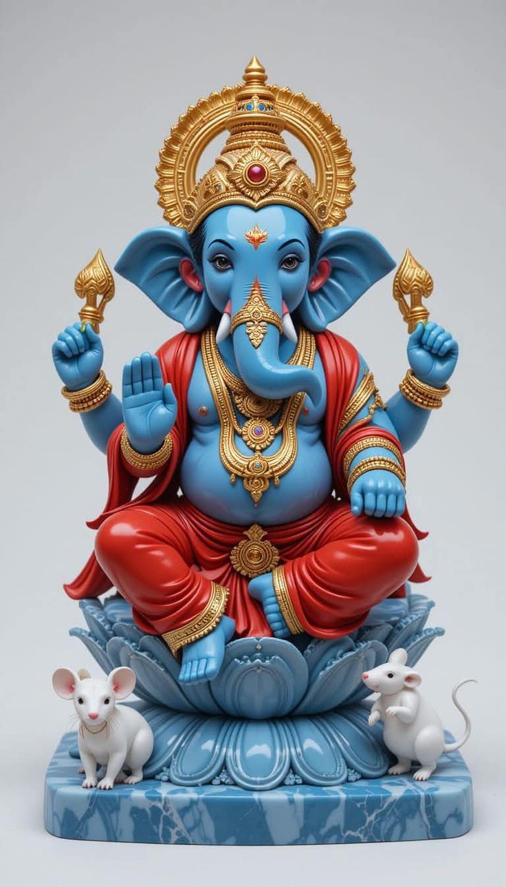 Blue Ganesha statue with mice.