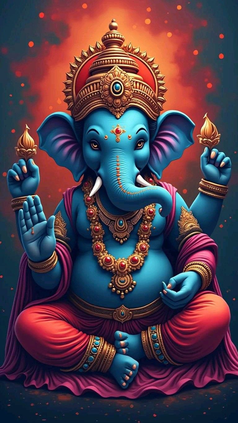 Blue-skinned Ganesha with lotus flowers
