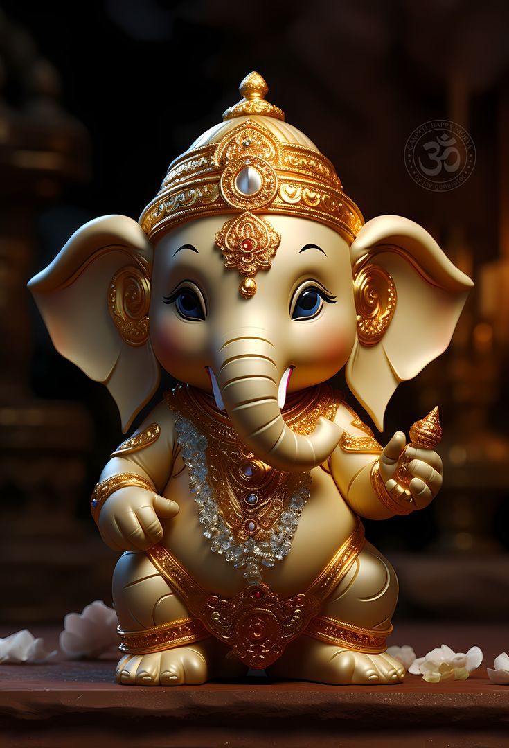 Smiling baby Ganesha with gold jewelry