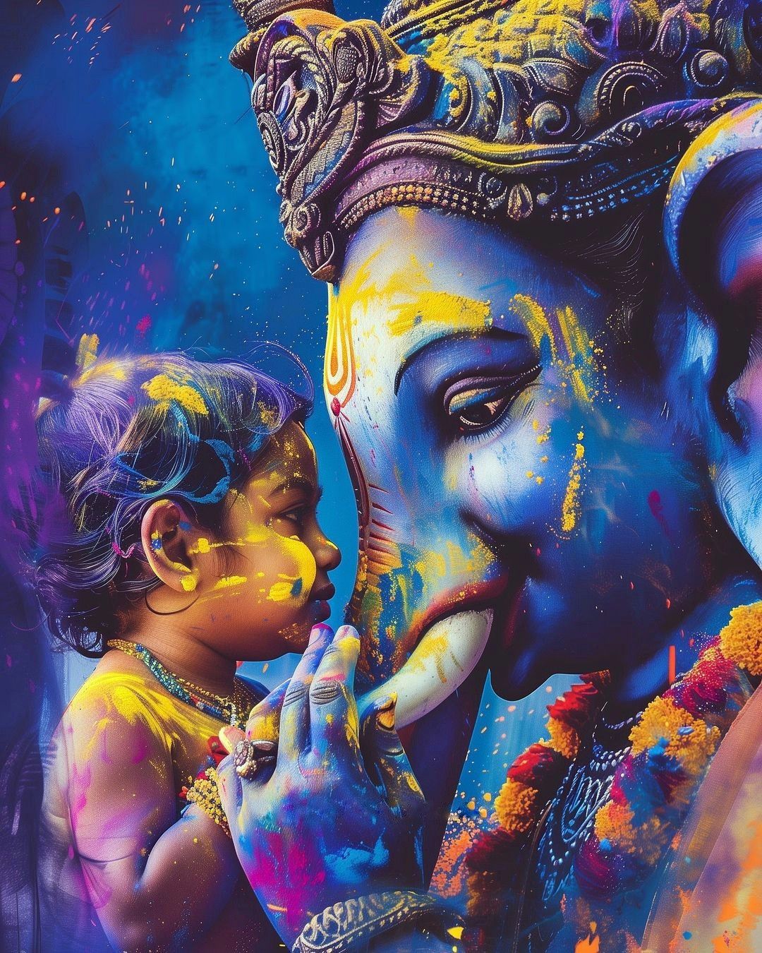 Ganesha and baby Krishna colorful portrait