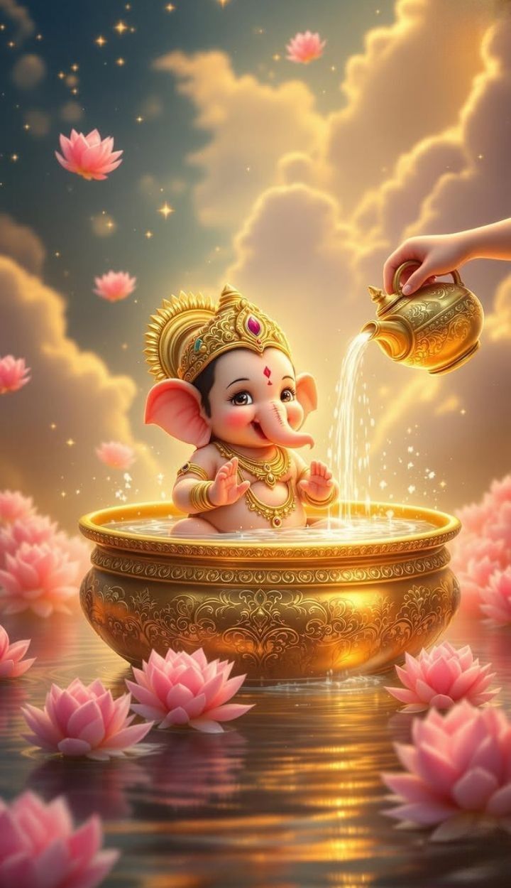 Baby Ganesha bathing in a lotus bowl