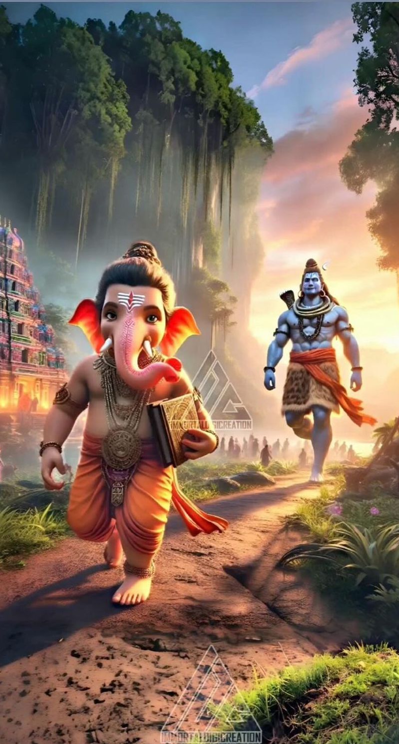 Young Ganesha and Shiva on mountain path