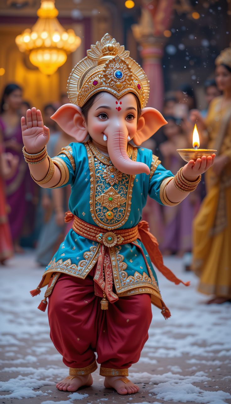 Adorable Bal Ganesha offering a lamp
