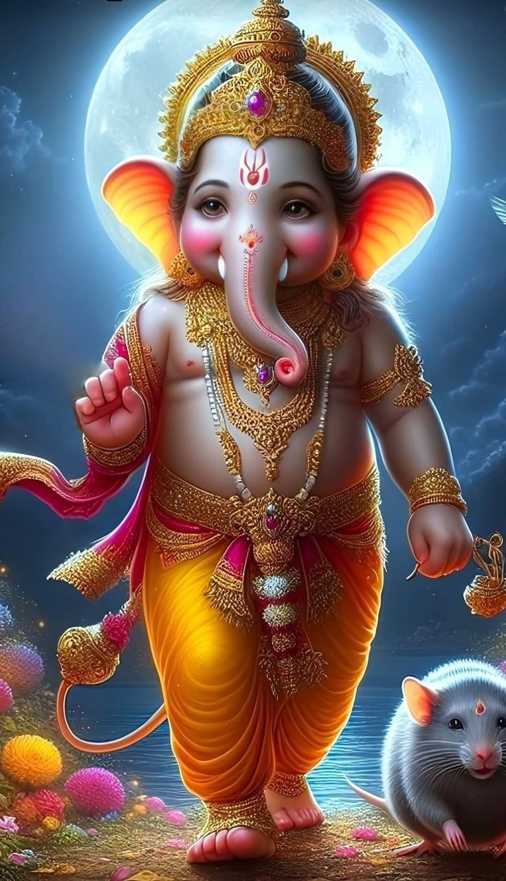 Baby Ganesha with mouse and moon