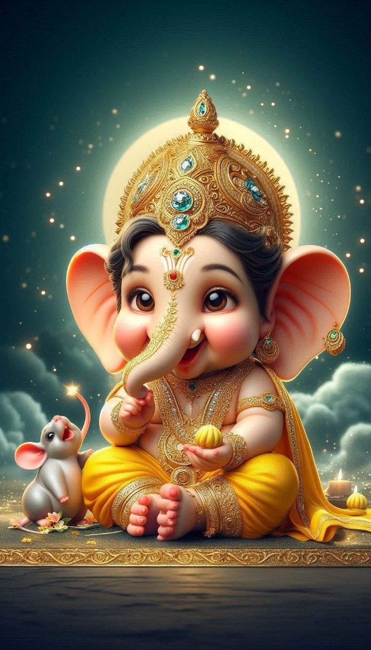 Baby Ganesha with mouse, golden crown