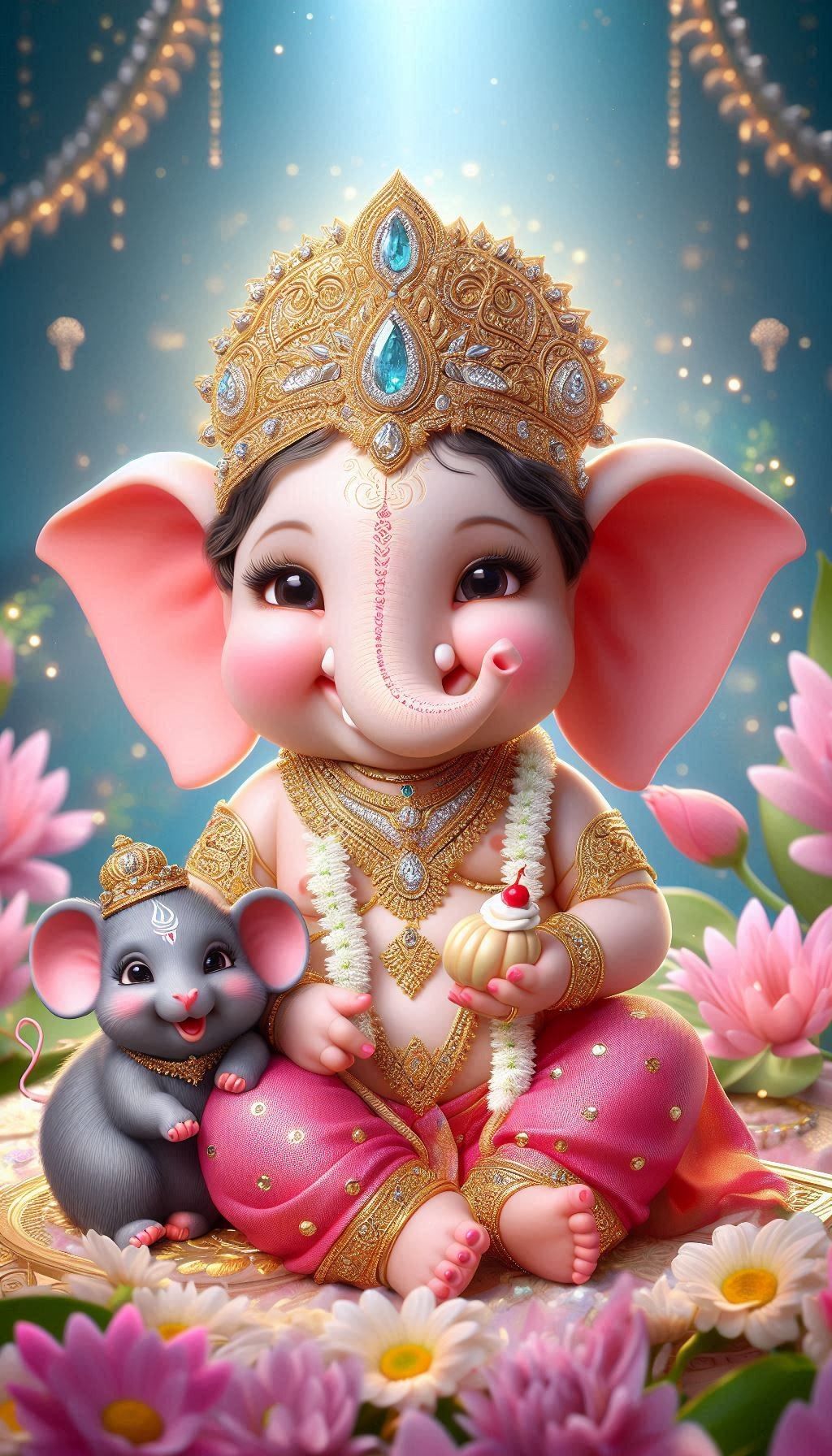Cute baby Ganesha with mouse and flowers