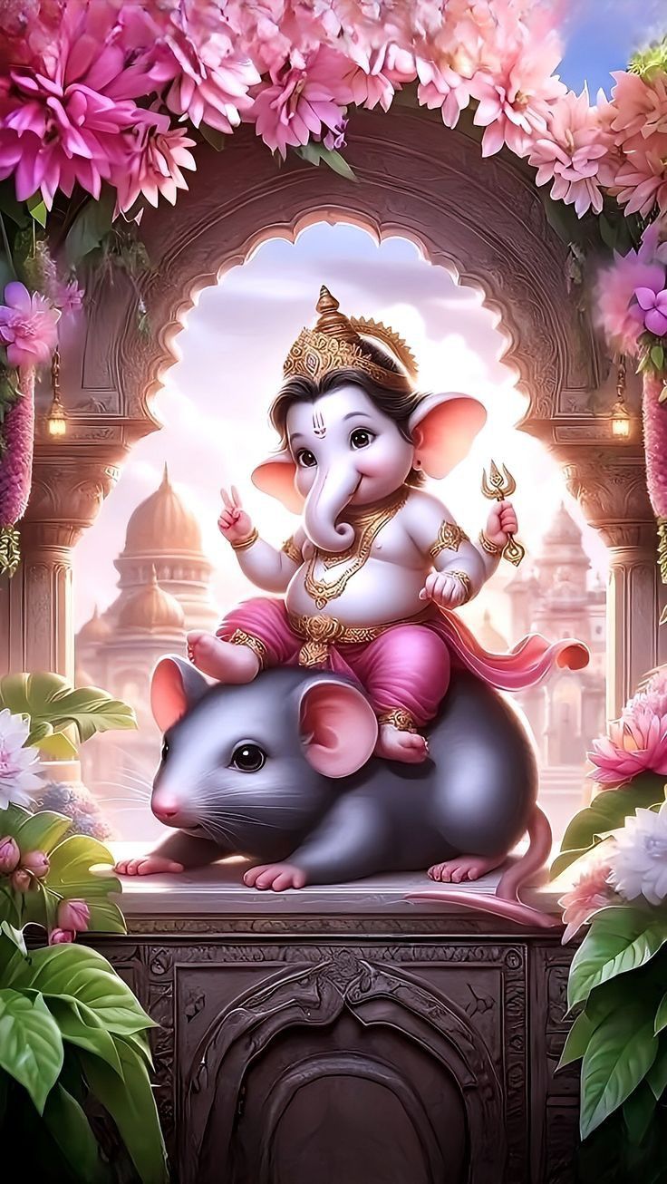 Lord Ganesha with mouse and flowers