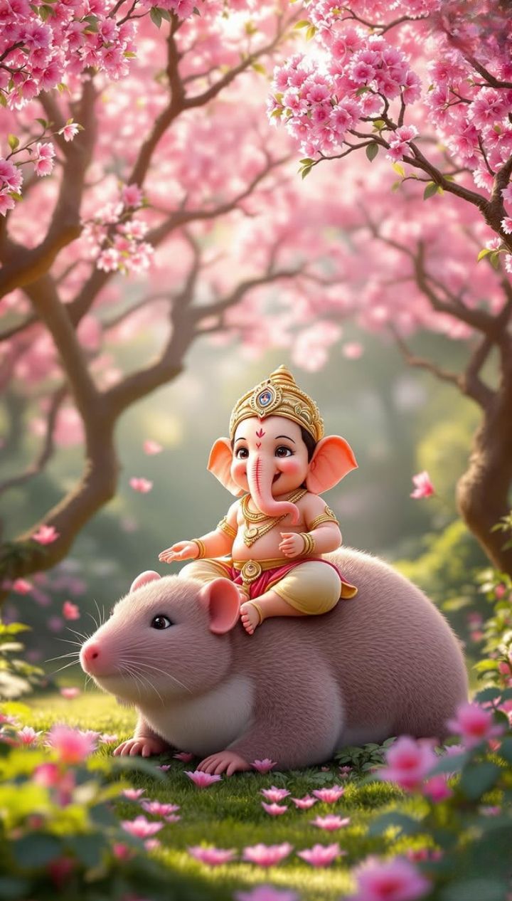 Bal Ganpati riding a mouse under blossoms