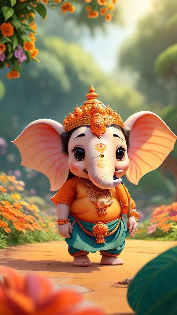 Cute baby Ganesha among orange flowers