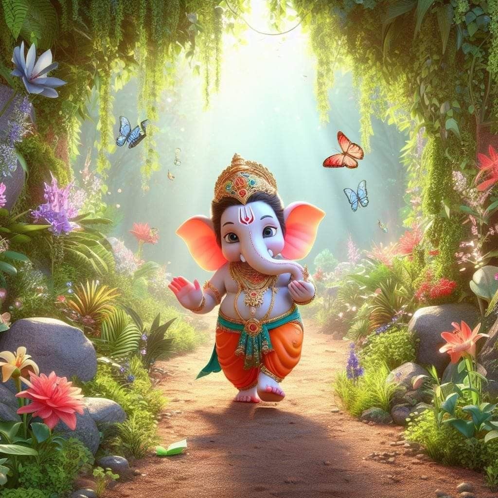 Baby Ganesha walking through a flower garden