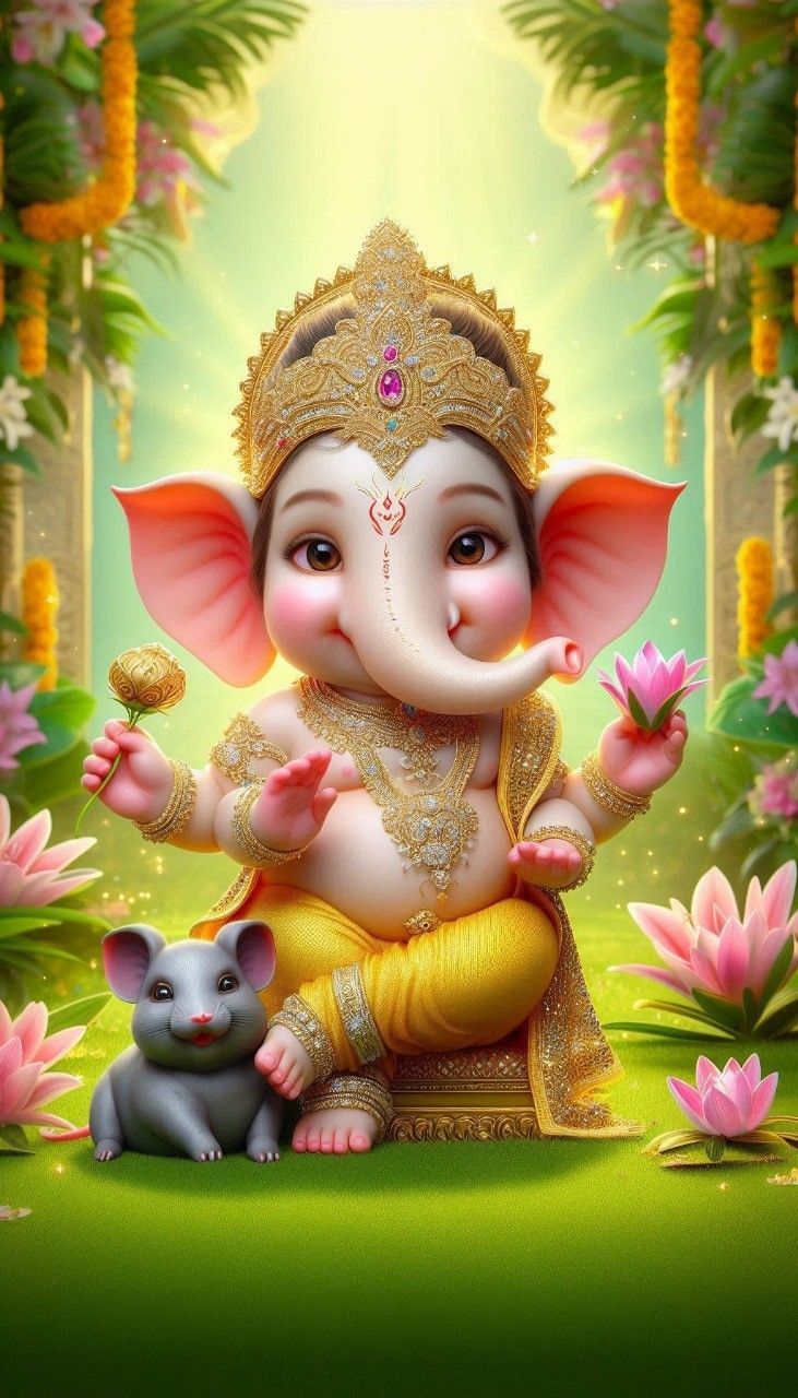 Adorable Ganesha with modak and mouse.