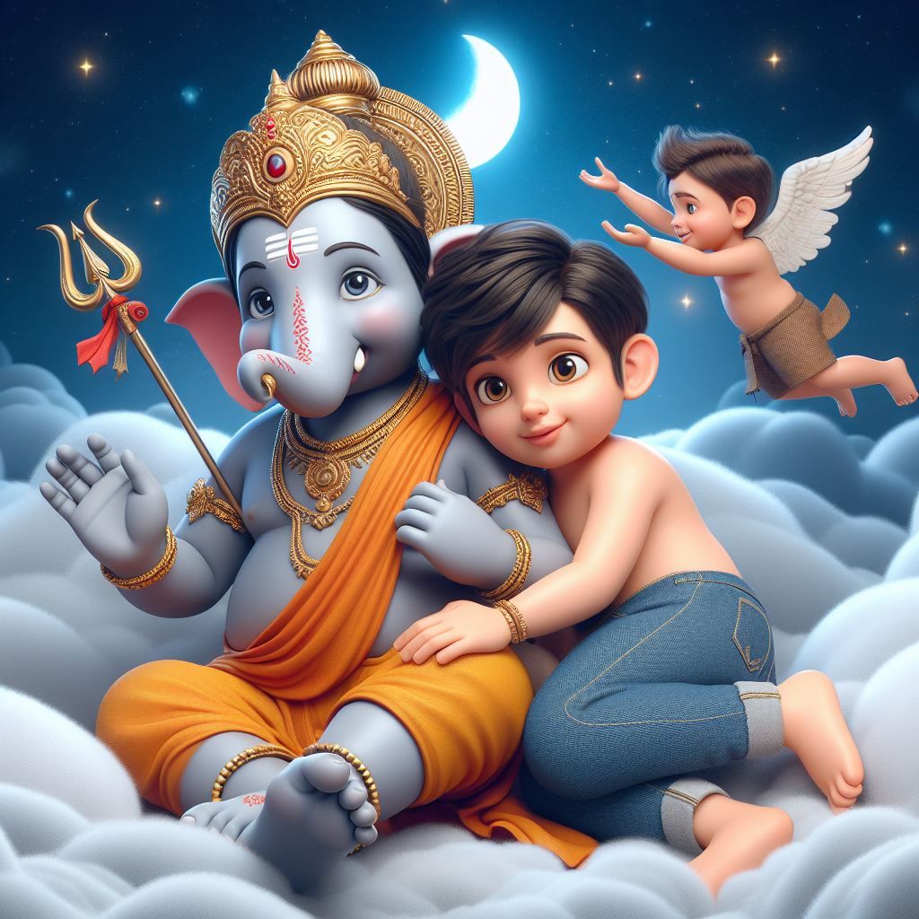 Ganesha and angel in the clouds