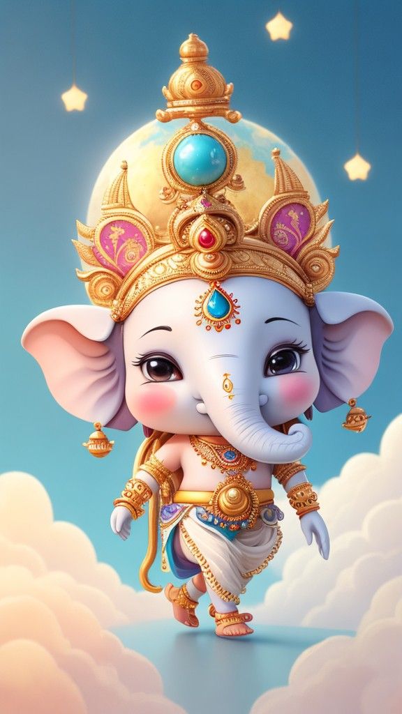 Charming baby Ganesha on the clouds