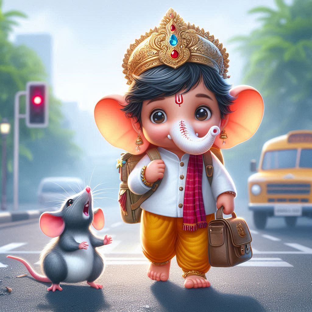 Baby Ganesha goes to school with mouse