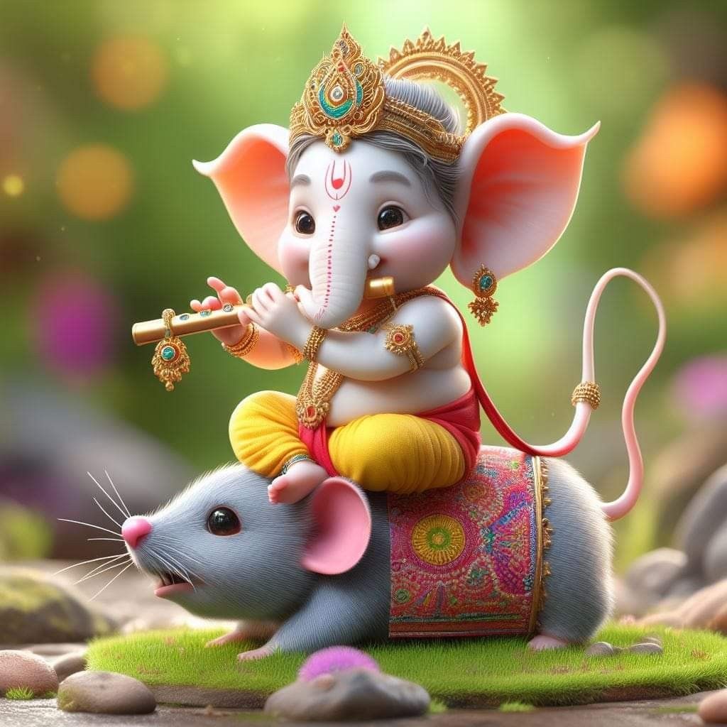Adorable Ganesha playing flute on mouse