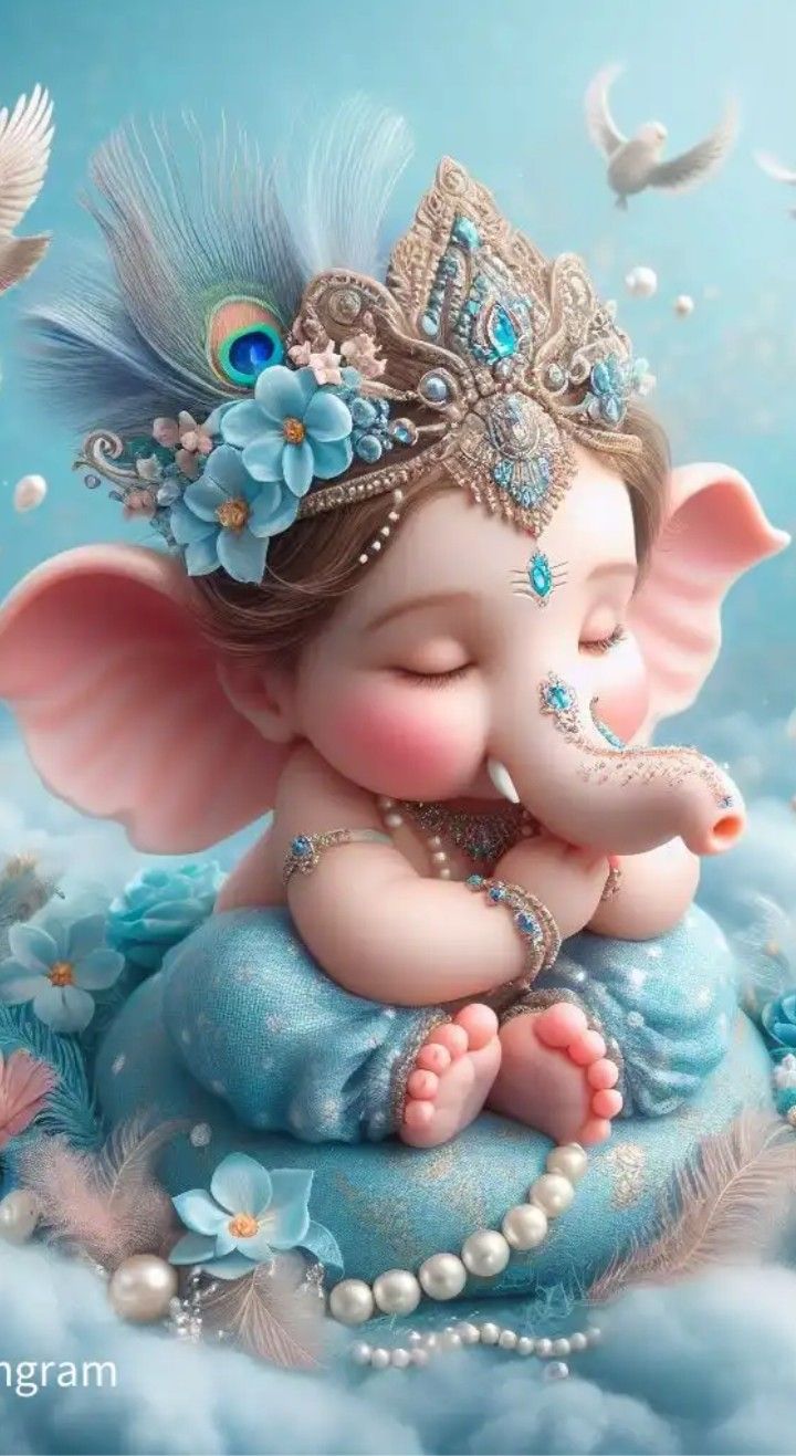 Sleeping baby Ganesha with flower crown