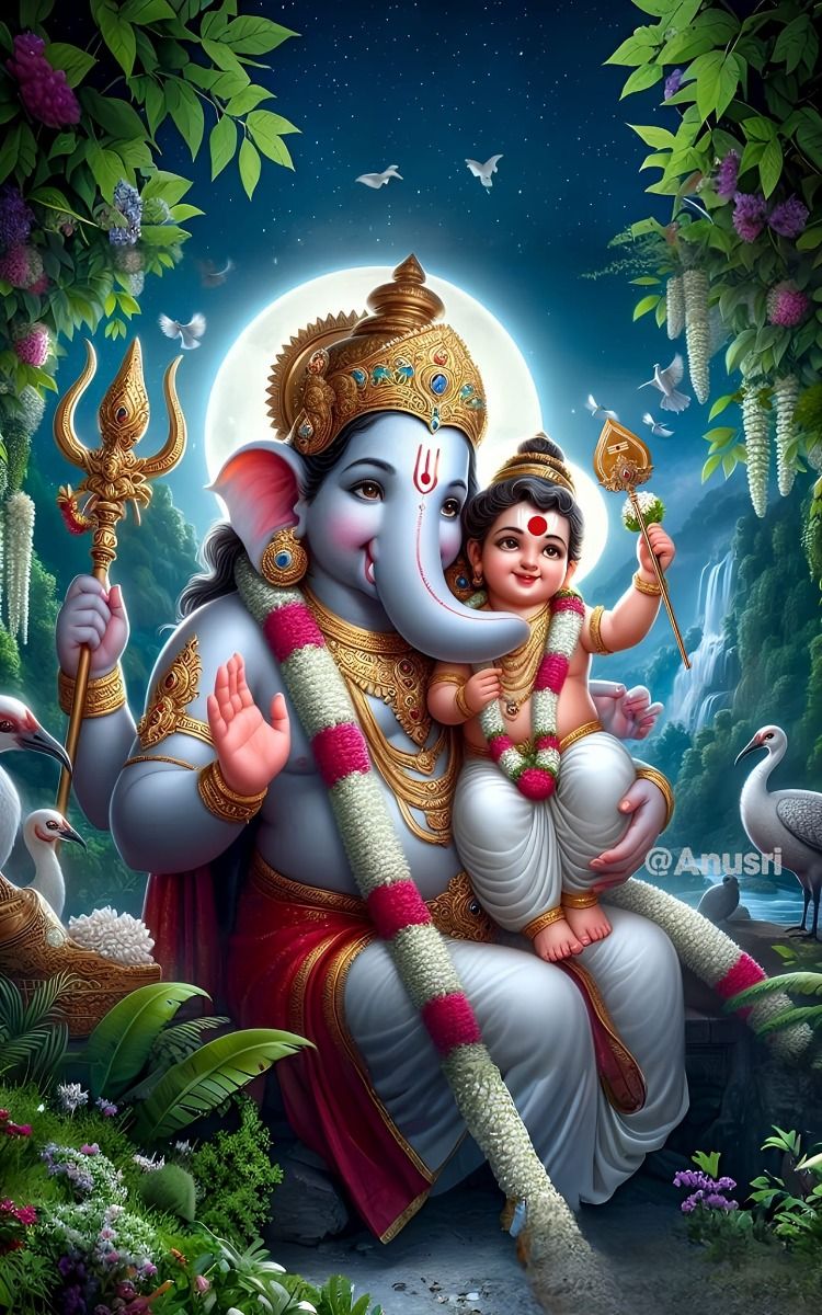Ganesha with young Ganesha in forest.