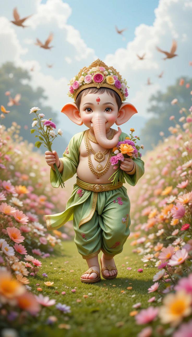 Baby Ganesha with bouquet of flowers