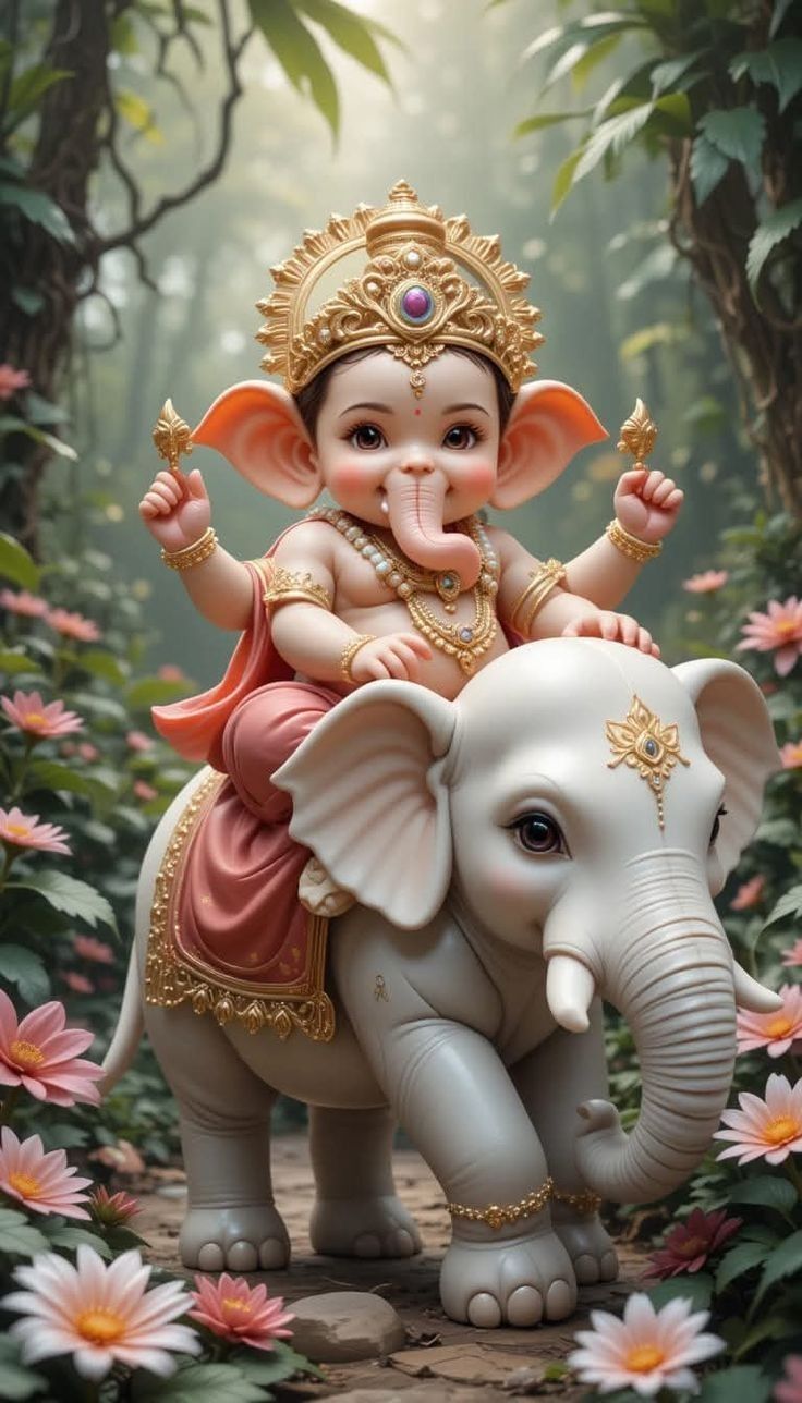 Baby Ganesha riding an elephant amidst flowers