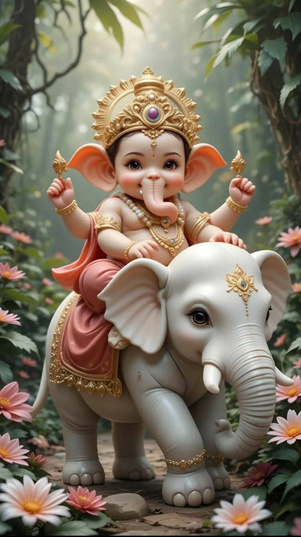 Baby Ganesha riding on an elephant.