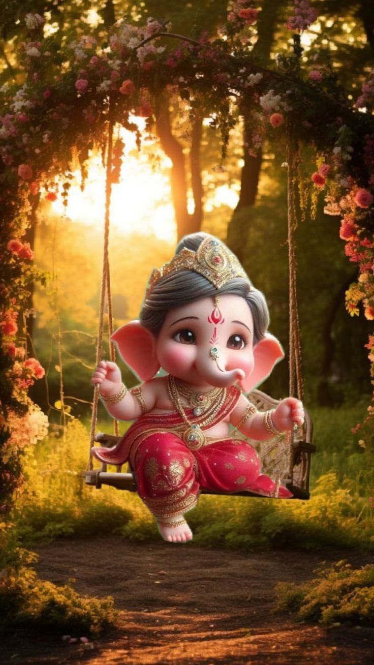 Little Ganesha enjoying a floral swing