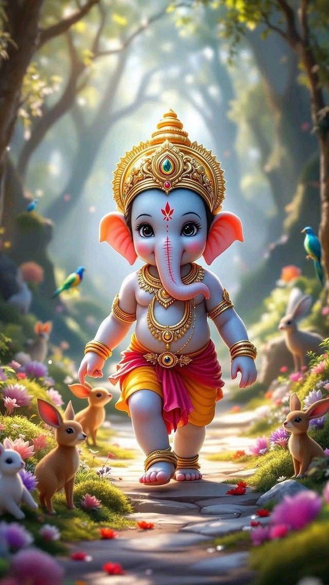 Baby Ganesha walking in a flower garden