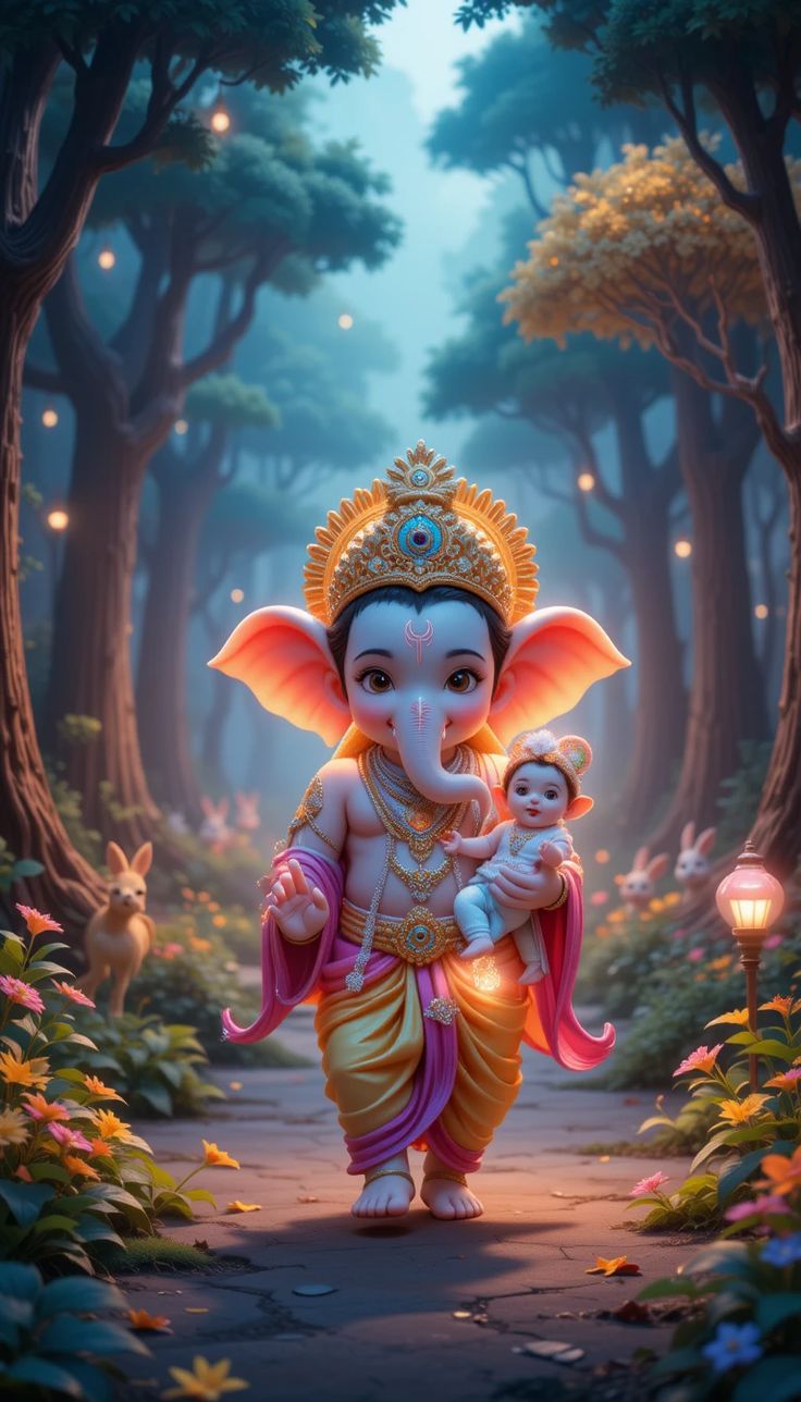 Baby Ganesha walking through a forest