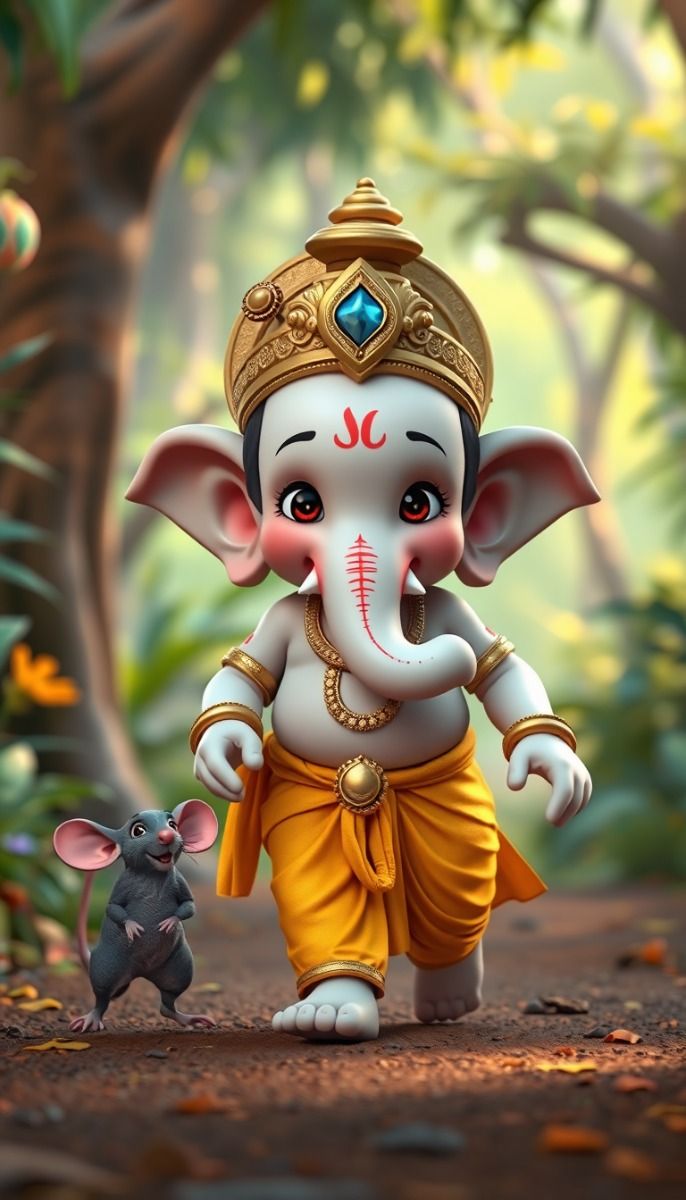 Baby Ganesha walks with a mouse