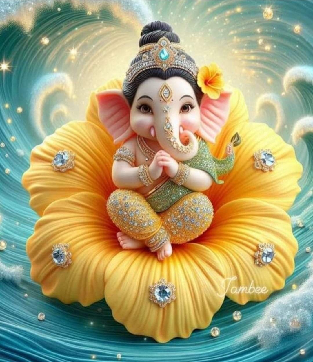 Adorable Bal Ganpati amidst golden lotus