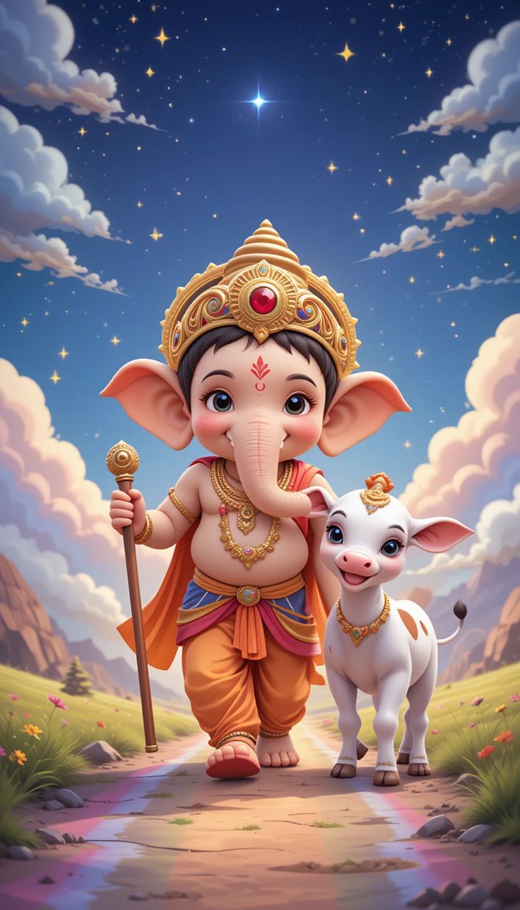Baby Ganesha walking with a mouse