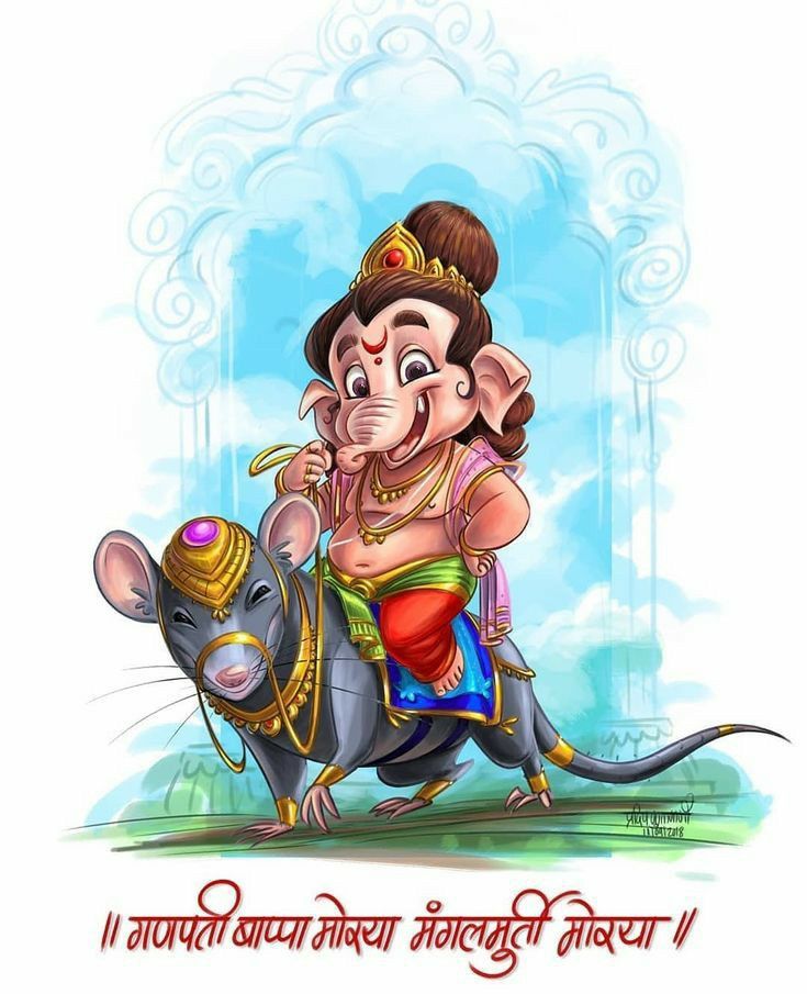 Ganesha riding a mouse, joyful illustration.