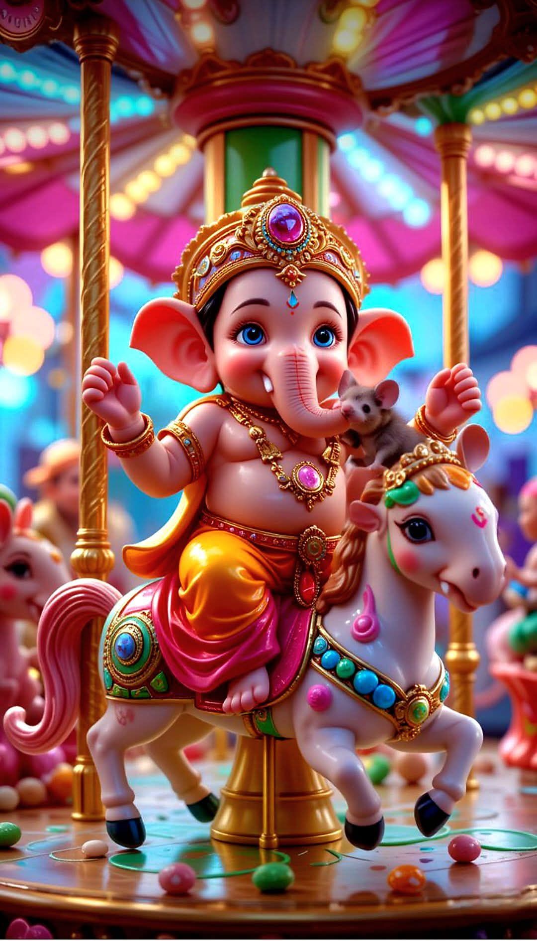 Ganesha riding a horse, cheerful art