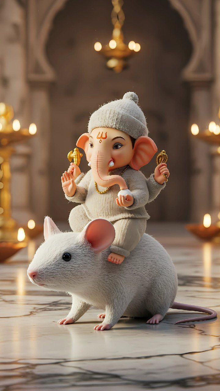 Ganesha riding a mouse, joyful artwork