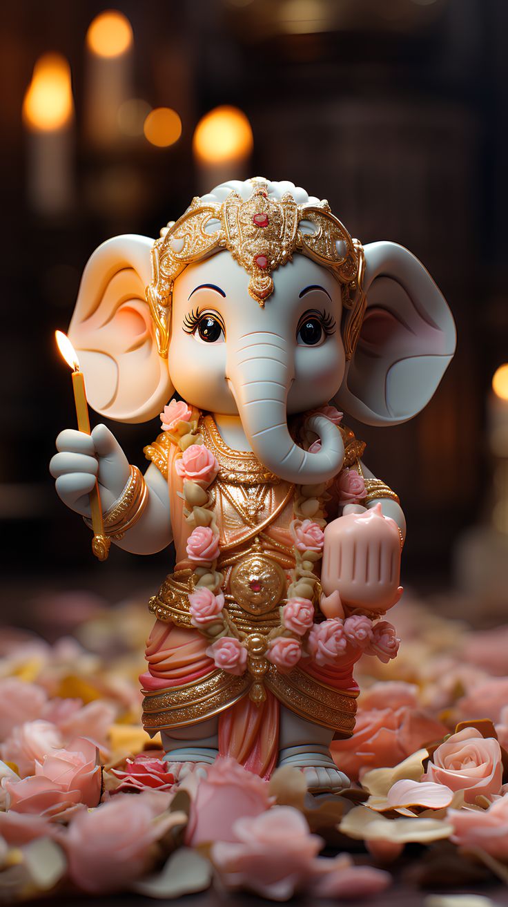 Adorable baby Ganesha with a candle.